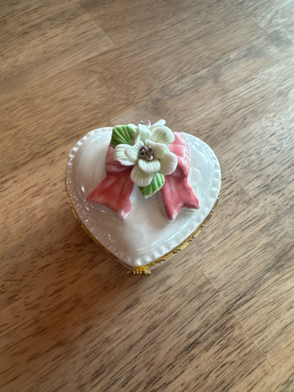 Delicate Heart Trinket Box with Pink Bow and White Flower